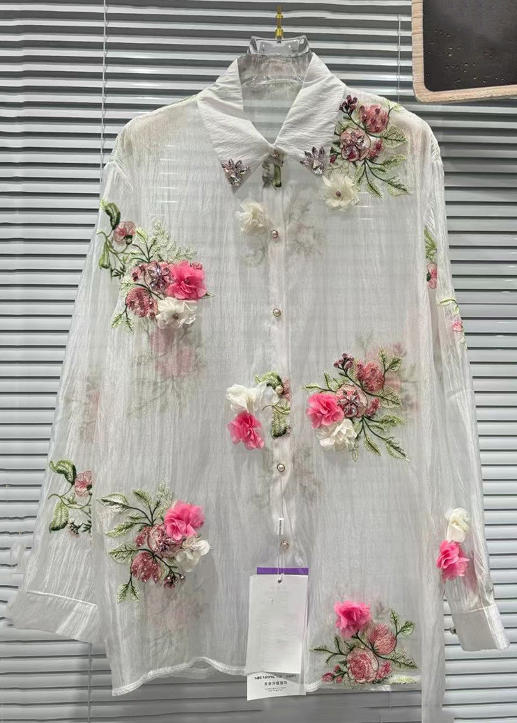 Floral Pink Zircon Patchwork Cotton Shirts Summer