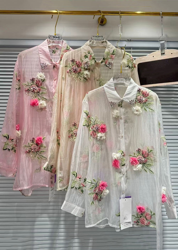 Floral Pink Zircon Patchwork Cotton Shirts Summer