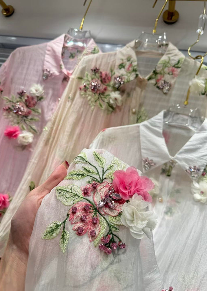 Floral Pink Zircon Patchwork Cotton Shirts Summer
