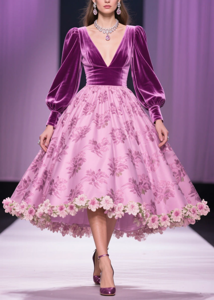 Floral Print Patchwork Silk Velvet Exra Large Hem V Neck Spring