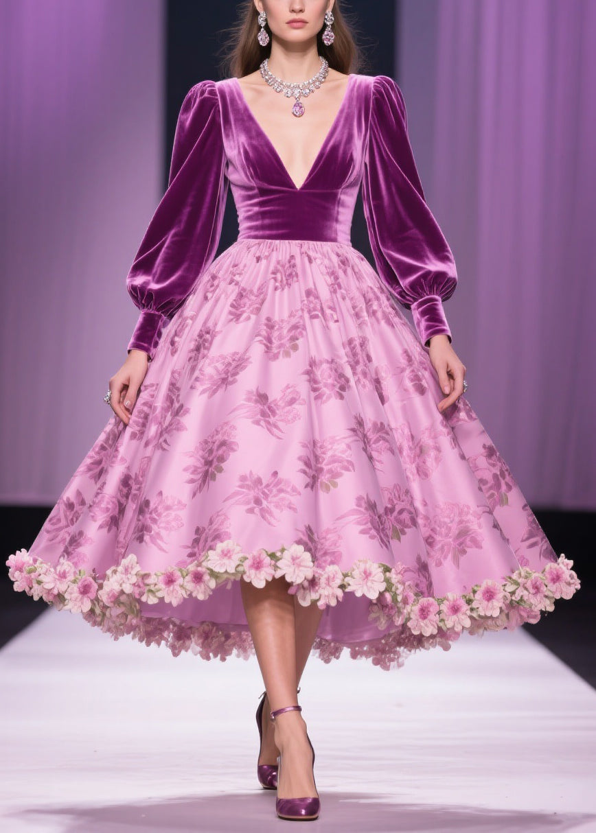 Floral Print Patchwork Silk Velvet Exra Large Hem V Neck Spring