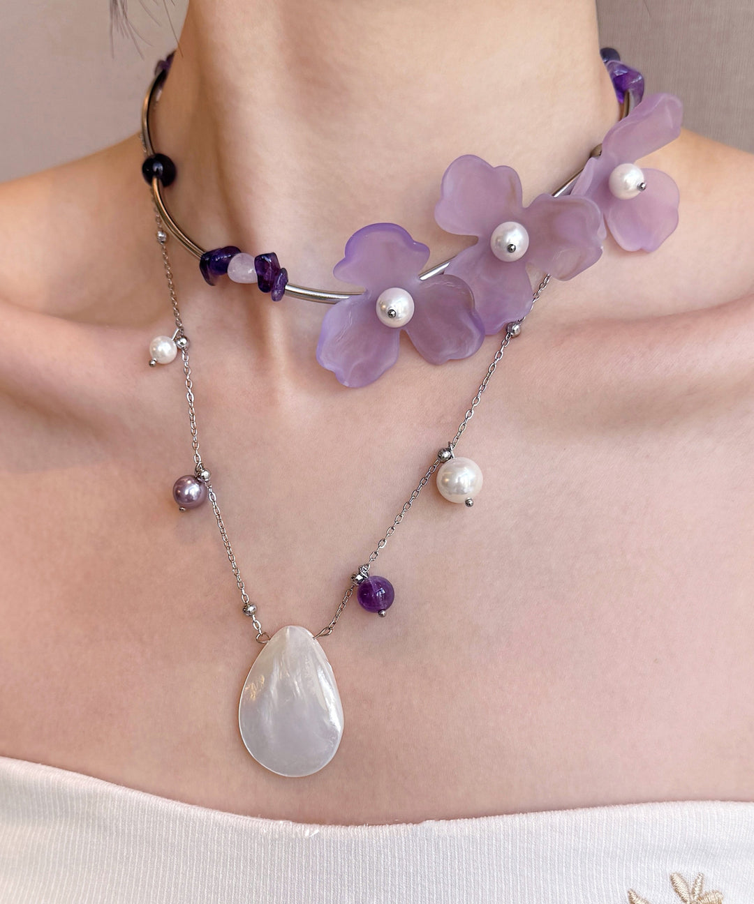 Floral Purple Pearl Shell Alloy Two Piece Set Pendant Necklace