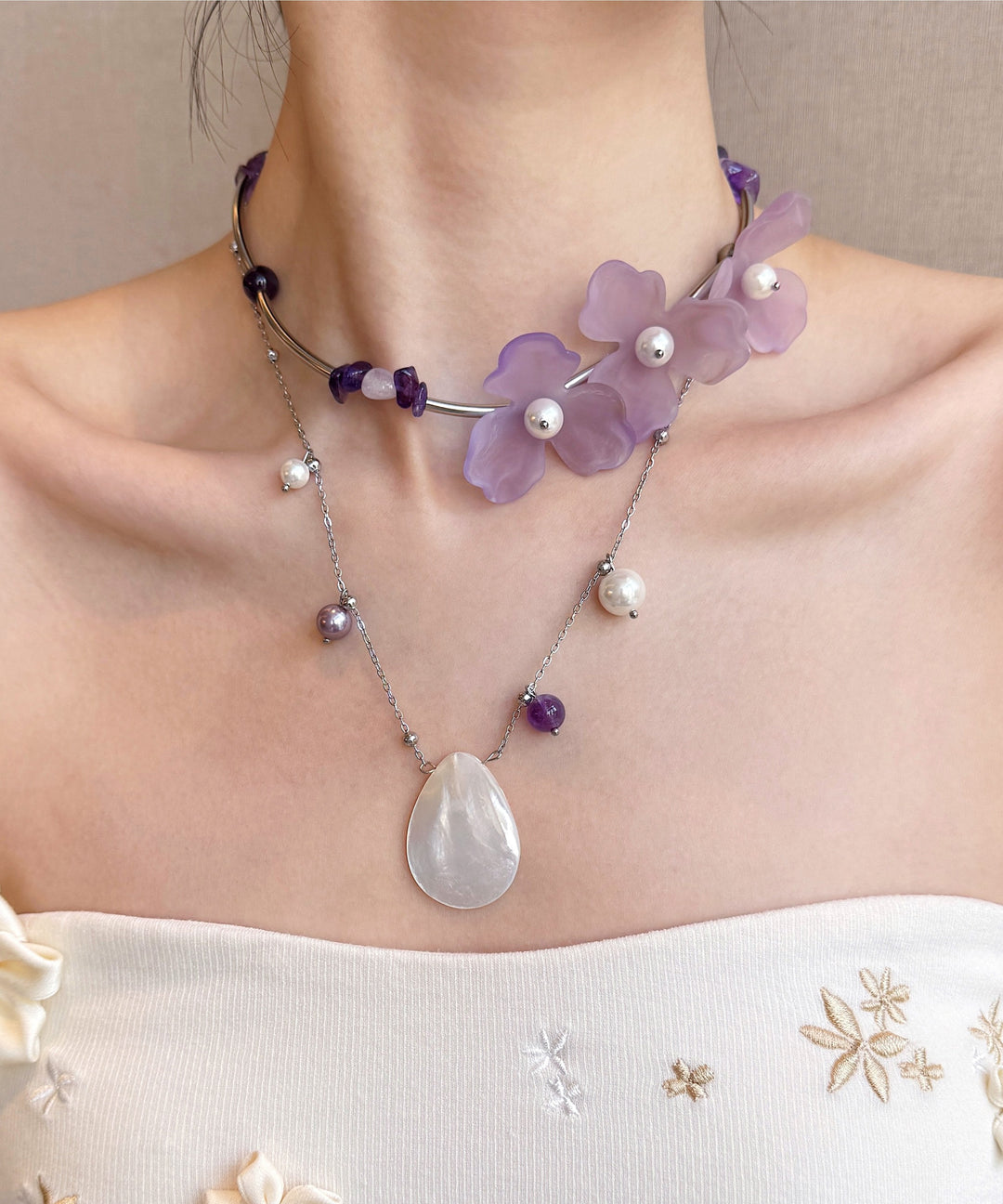 Floral Purple Pearl Shell Alloy Two Piece Set Pendant Necklace