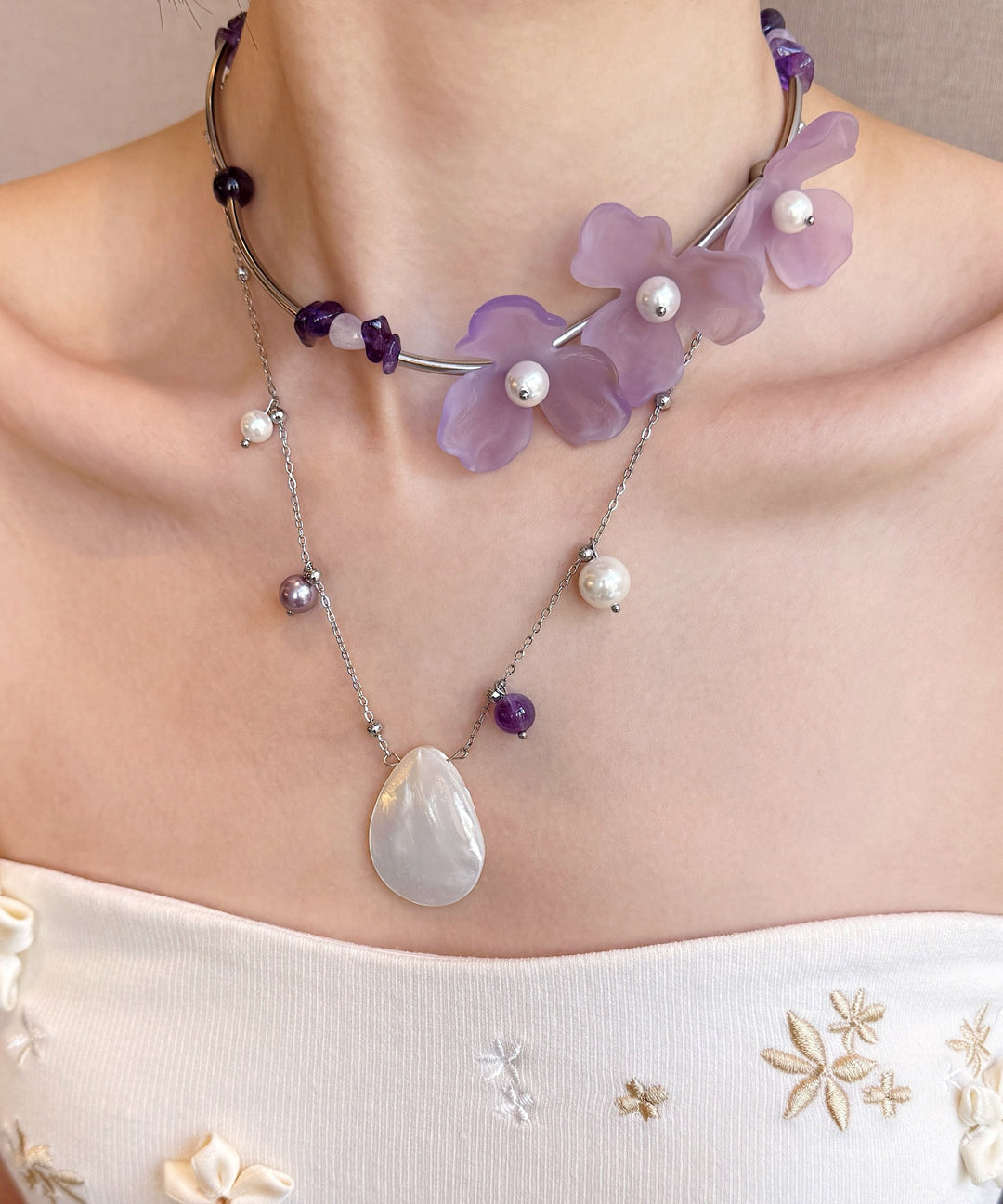 Floral Purple Pearl Shell Alloy Two Piece Set Pendant Necklace