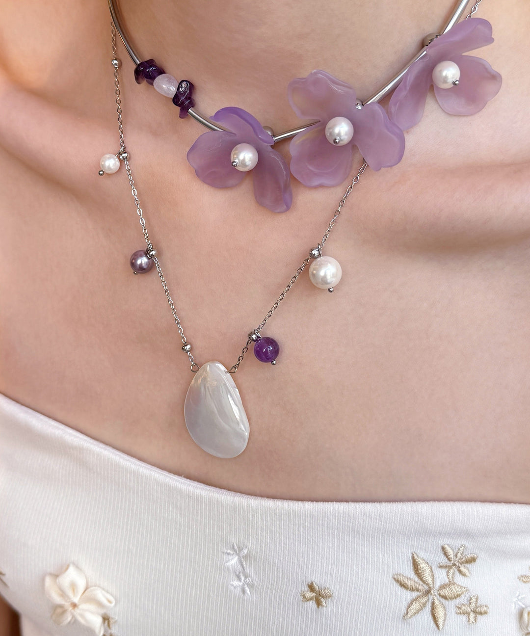 Floral Purple Pearl Shell Alloy Two Piece Set Pendant Necklace