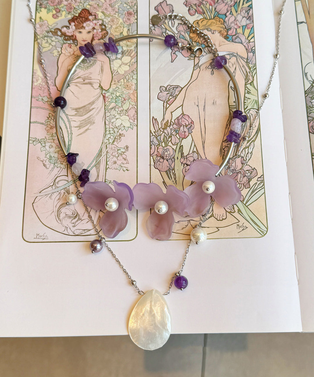 Floral Purple Pearl Shell Alloy Two Piece Set Pendant Necklace