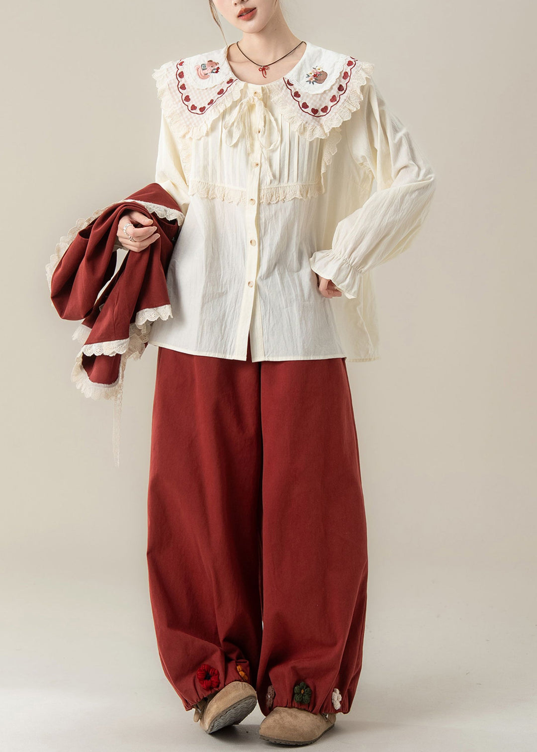 Floral Red Peter Pan Collar Lace Patchwork Cotton Three Piece Set Fall