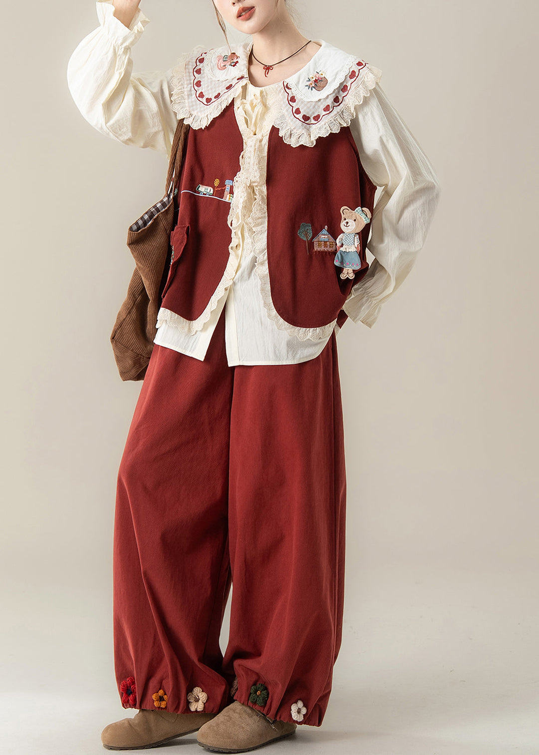 Floral Red Peter Pan Collar Lace Patchwork Cotton Three Piece Set Fall