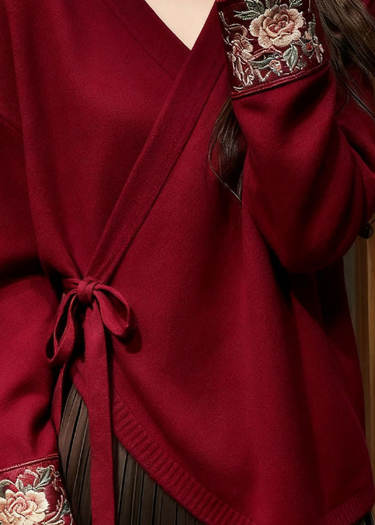 Floral Red V Neck Lace Up Solid Knit Sweater Fall