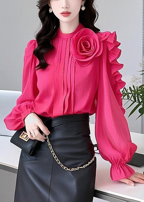 Floral Rose Ruffled Solid Cotton Blouses Fall