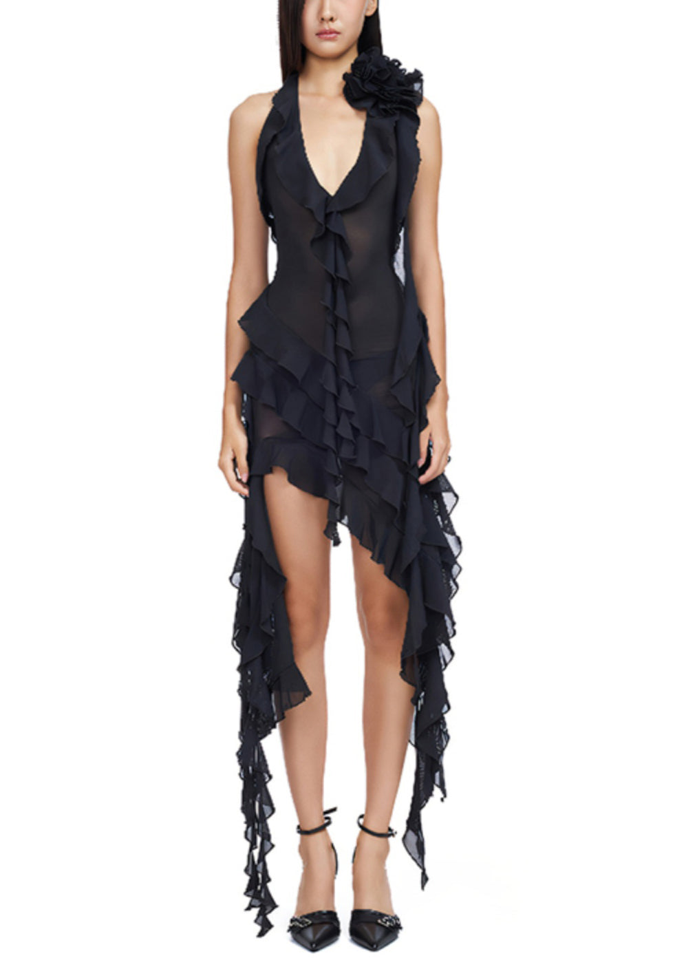 Floral Rose V Neck Lace Up Cotton Vacation Dresses Sleeveless