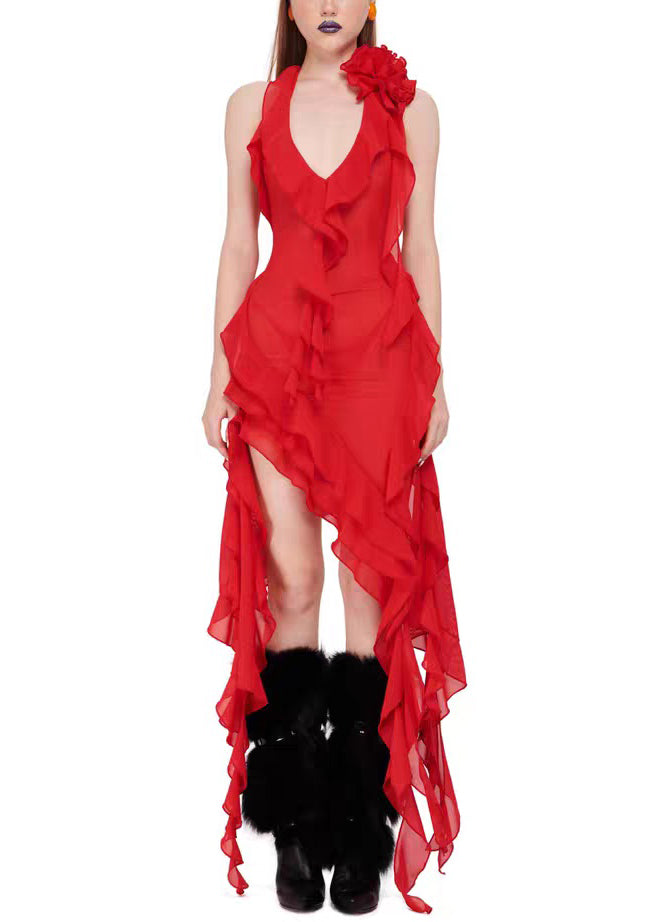 Floral Rose V Neck Lace Up Cotton Vacation Dresses Sleeveless