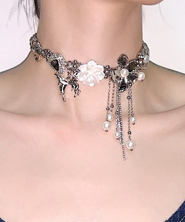 Floral Silk Tassel Pearl Alloy Choker