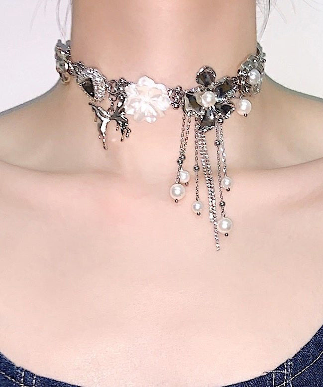 Floral Silk Tassel Pearl Alloy Choker