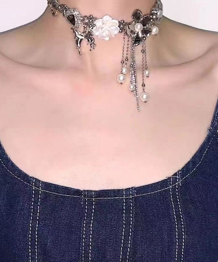 Floral Silk Tassel Pearl Alloy Choker