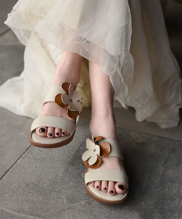 Floral Splicing Platform Beige Comfortable Cowhide Leather Slide Sandals