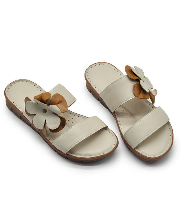 Floral Splicing Platform Beige Comfortable Cowhide Leather Slide Sandals