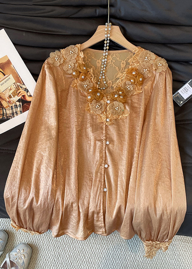 Floral V Neck Button Lace Patchwork Silk Shirt Fall