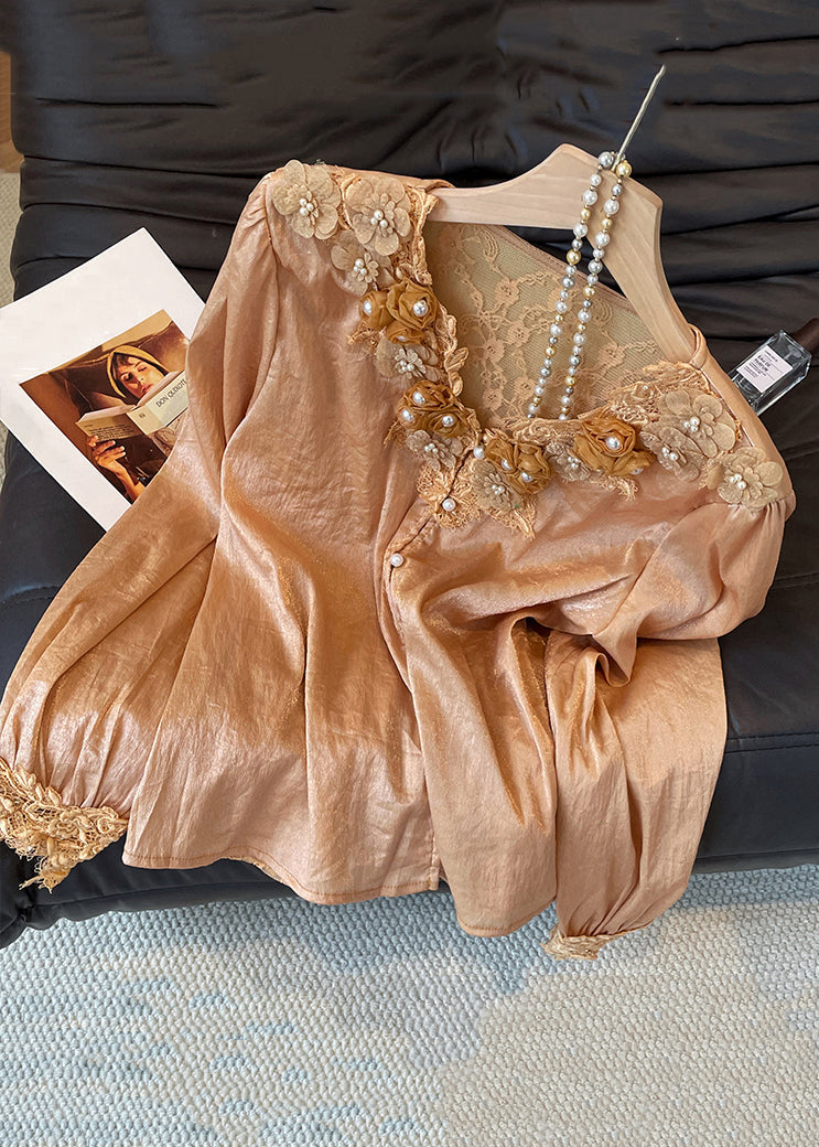 Floral V Neck Button Lace Patchwork Silk Shirt Fall