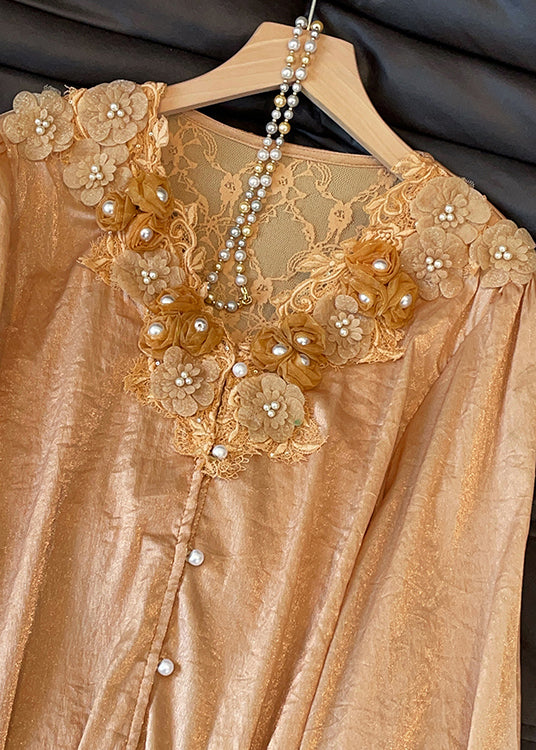 Floral V Neck Button Lace Patchwork Silk Shirt Fall
