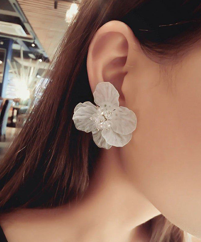 Floral White Crystal Petal Exaggeration Alloy Stud Earrings