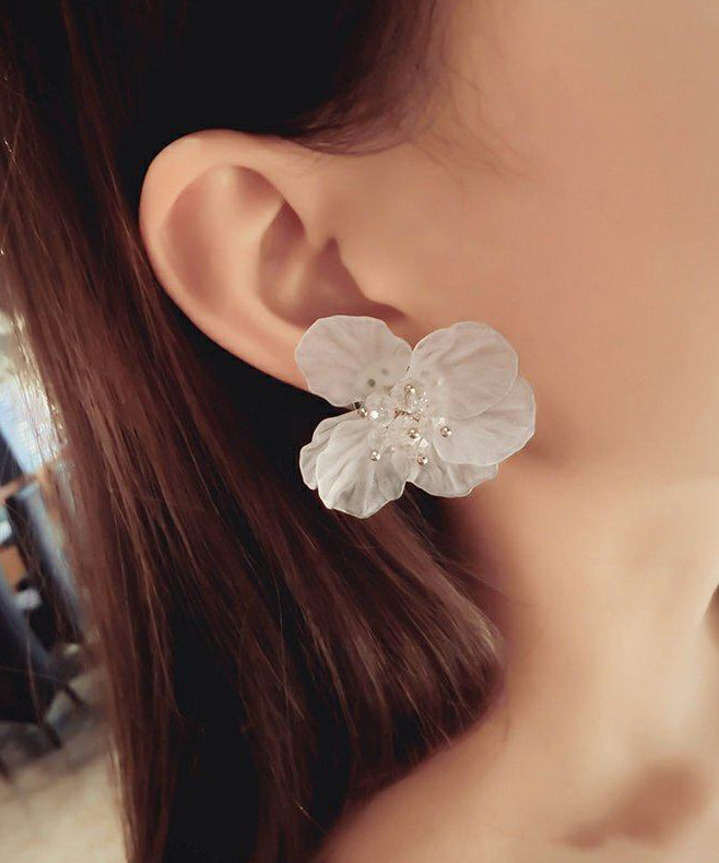 Floral White Crystal Petal Exaggeration Alloy Stud Earrings