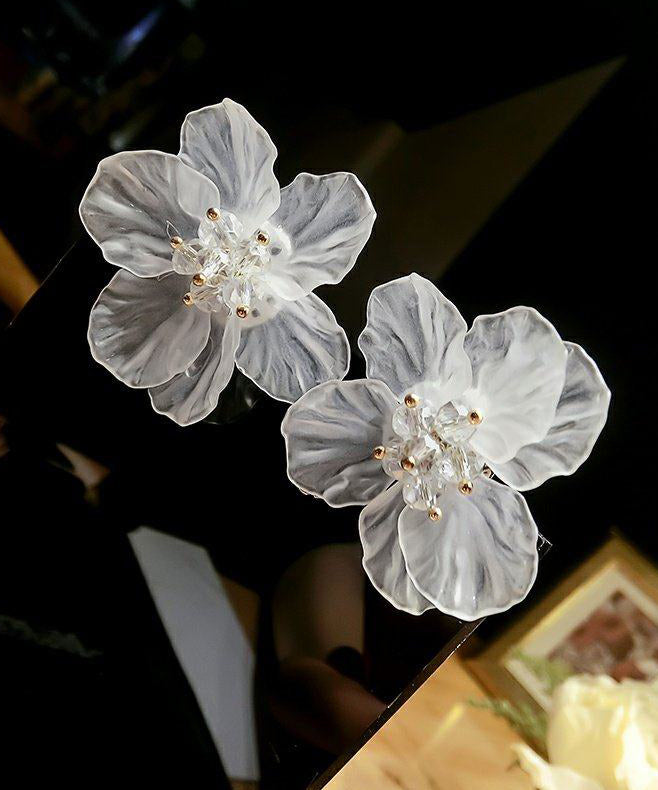 Floral White Crystal Petal Exaggeration Alloy Stud Earrings