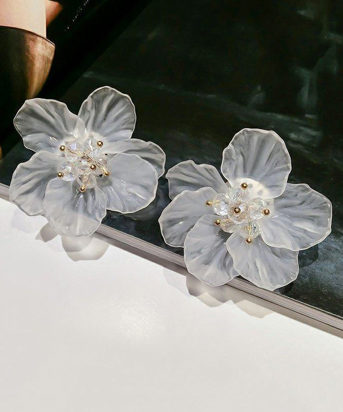 Floral White Crystal Petal Exaggeration Alloy Stud Earrings