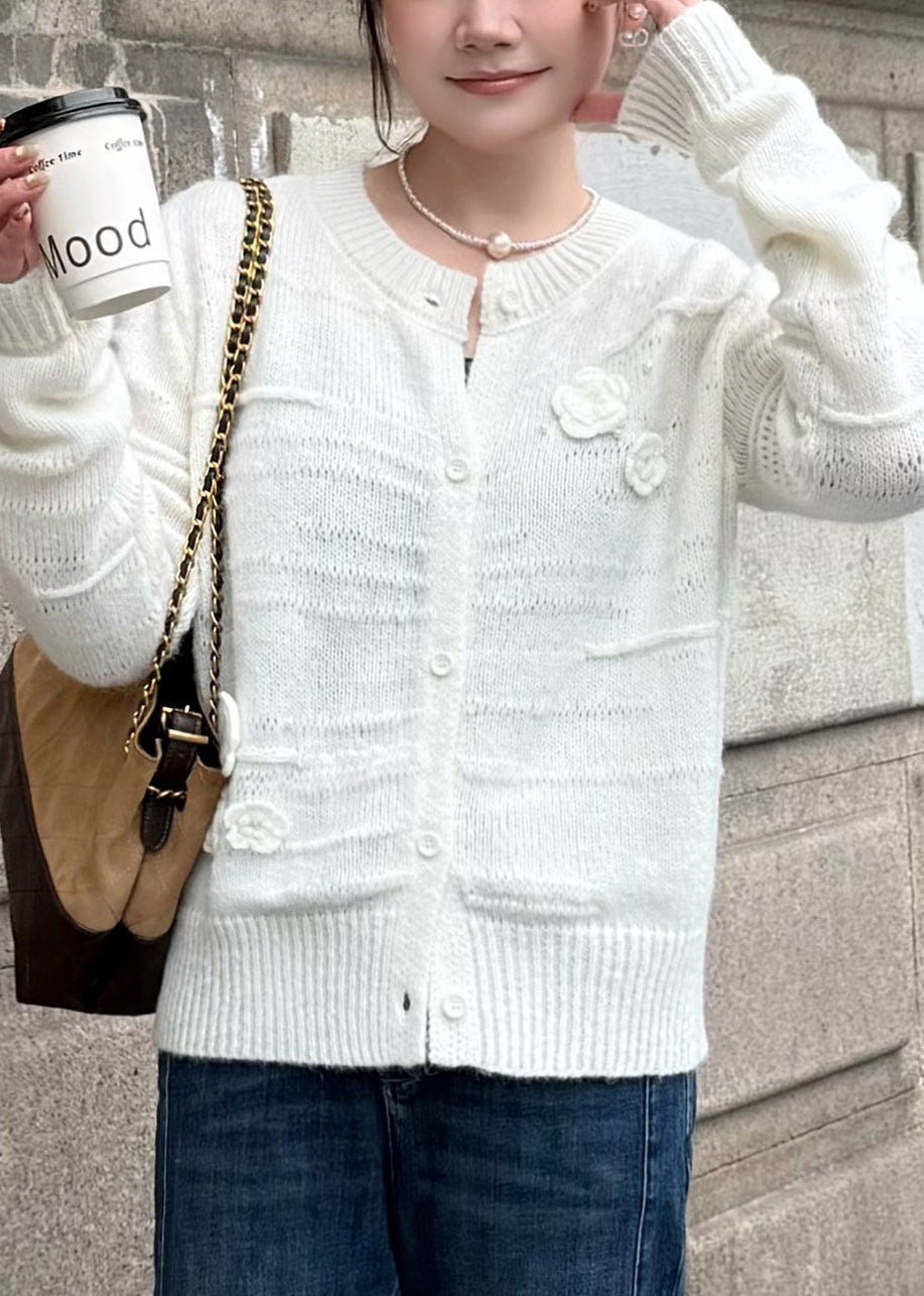 Floral White O Neck Button Cozy Knit Coats Fall