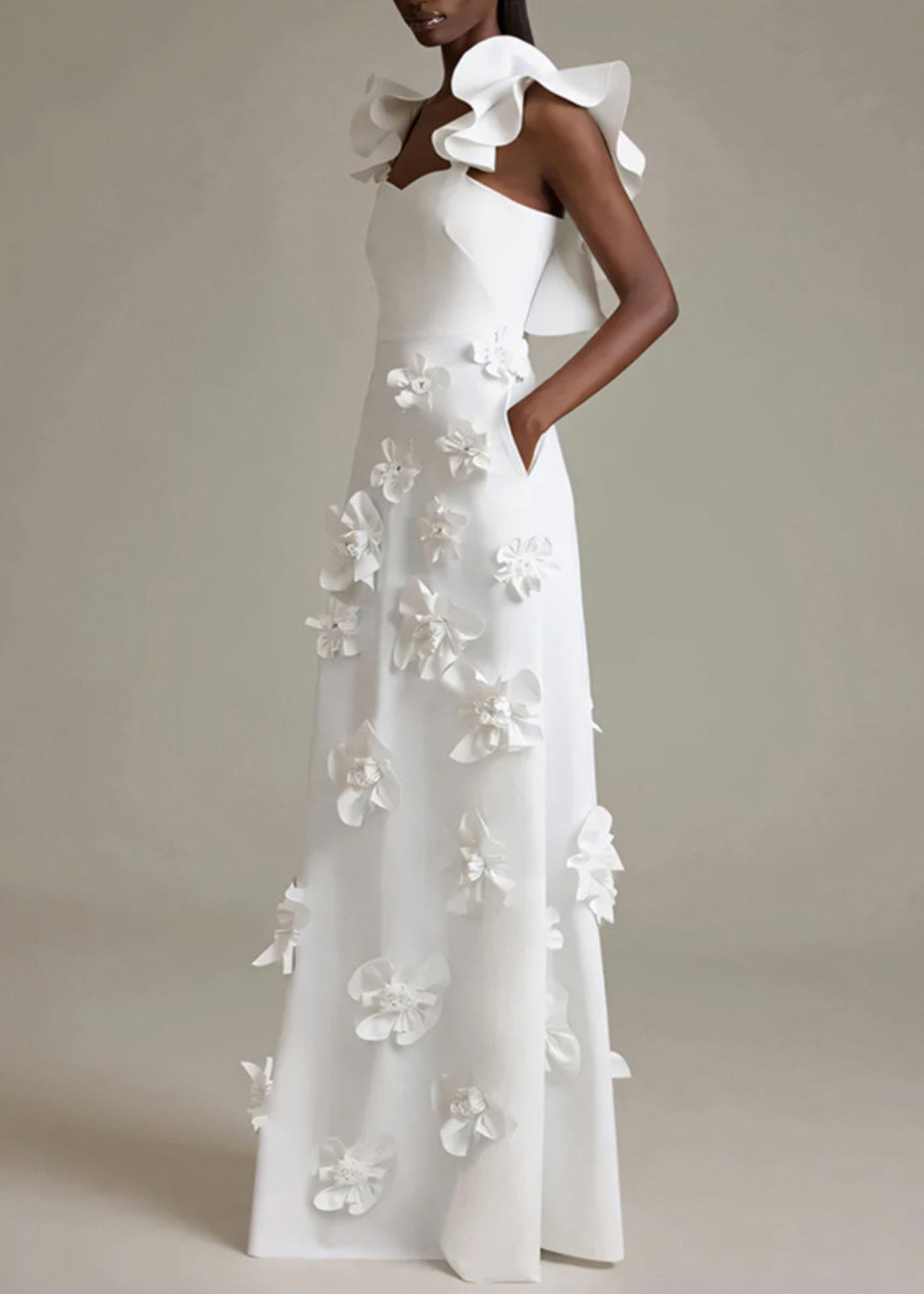 Floral White Ruffled Pockets Cotton Party Dress Sleeveless