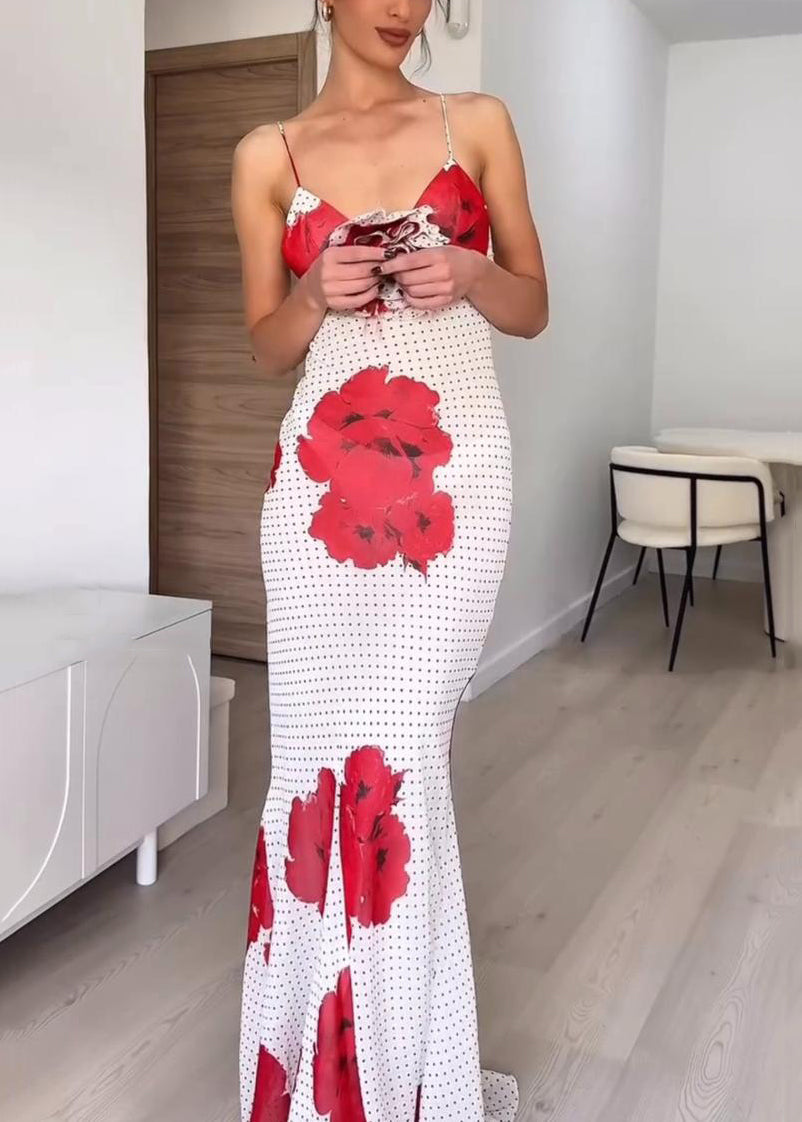 Floral White V Neck Print Chiffon Spaghetti Strap Dress Sleeveless