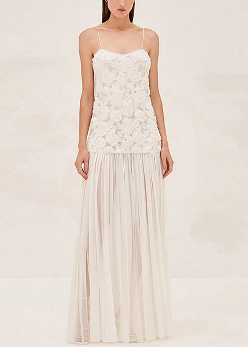 Floral White Zippered Wrinkled Chiffon Spaghetti Strap Dress Sleeveless