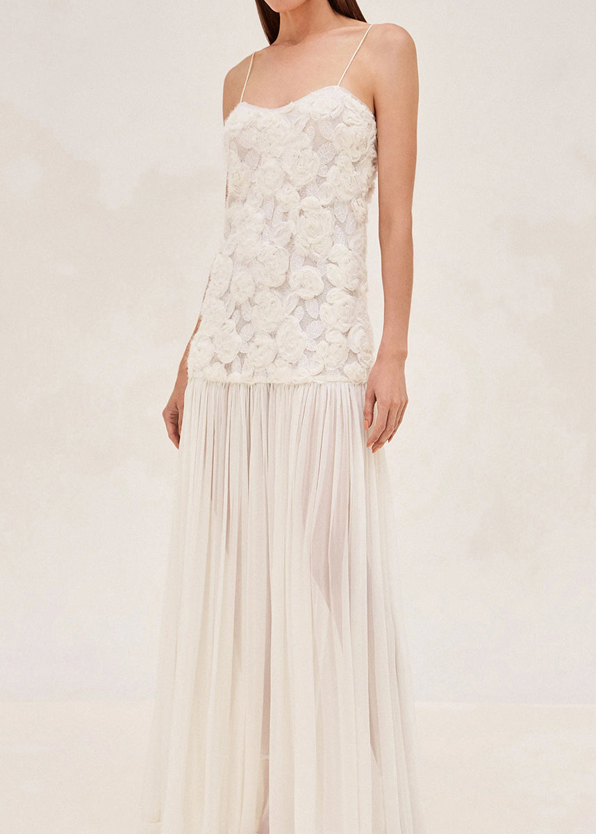 Floral White Zippered Wrinkled Chiffon Spaghetti Strap Dress Sleeveless