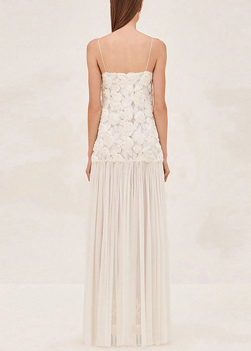 Floral White Zippered Wrinkled Chiffon Spaghetti Strap Dress Sleeveless