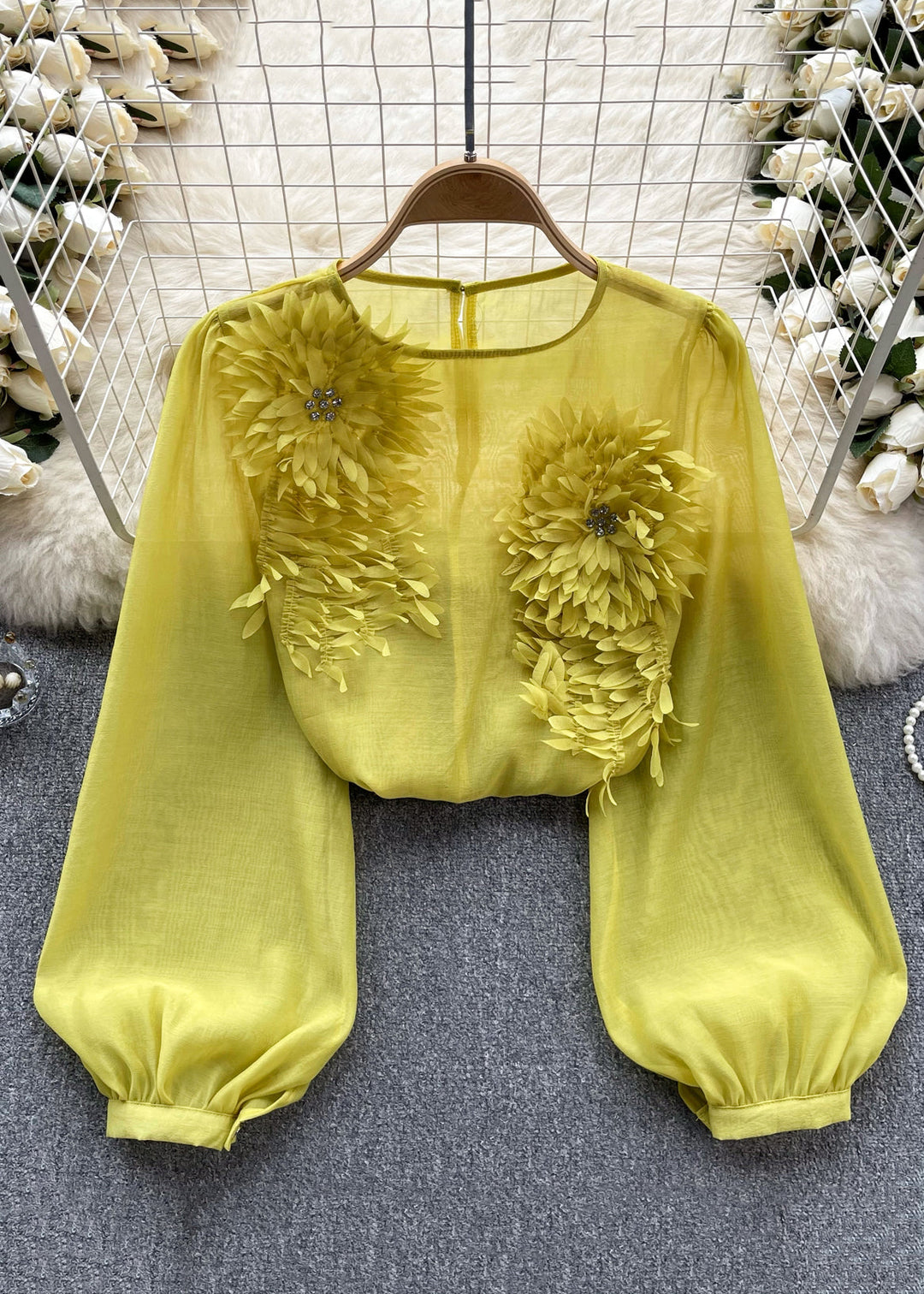 Floral Yellow O Neck Solid Chiffon Shirts Long Sleeve - Omychic