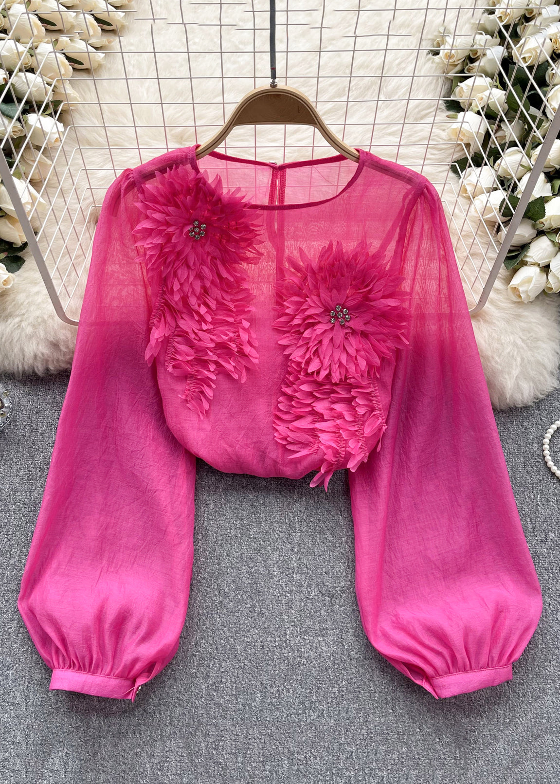Floral Yellow O Neck Solid Chiffon Shirts Long Sleeve - Omychic