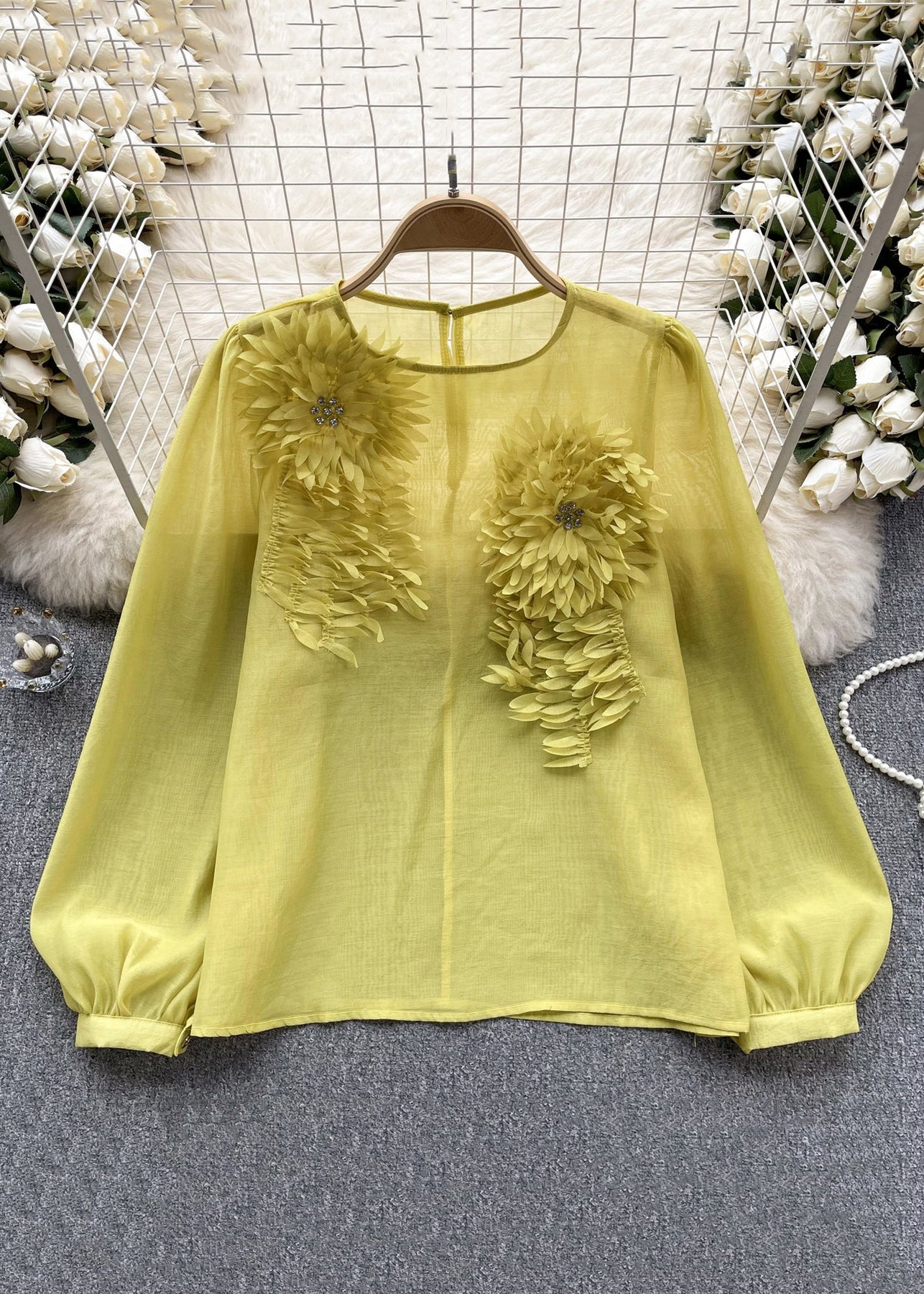 Floral Yellow O Neck Solid Chiffon Shirts Long Sleeve - Omychic