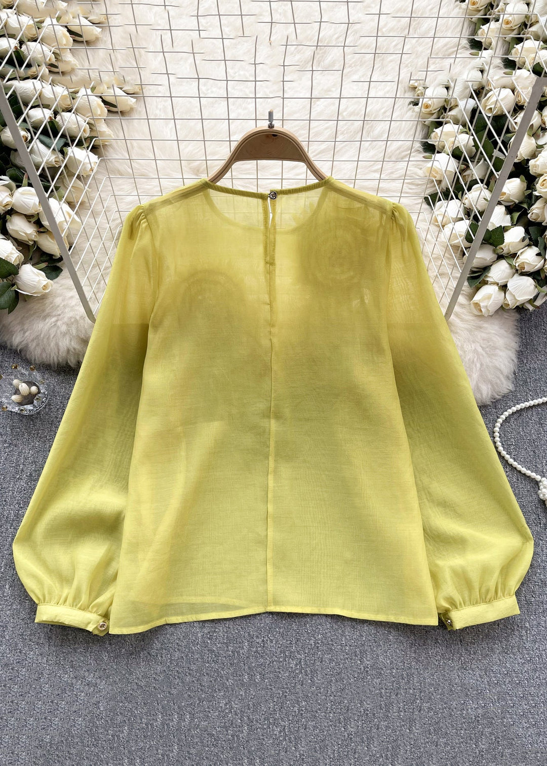 Floral Yellow O Neck Solid Chiffon Shirts Long Sleeve - Omychic
