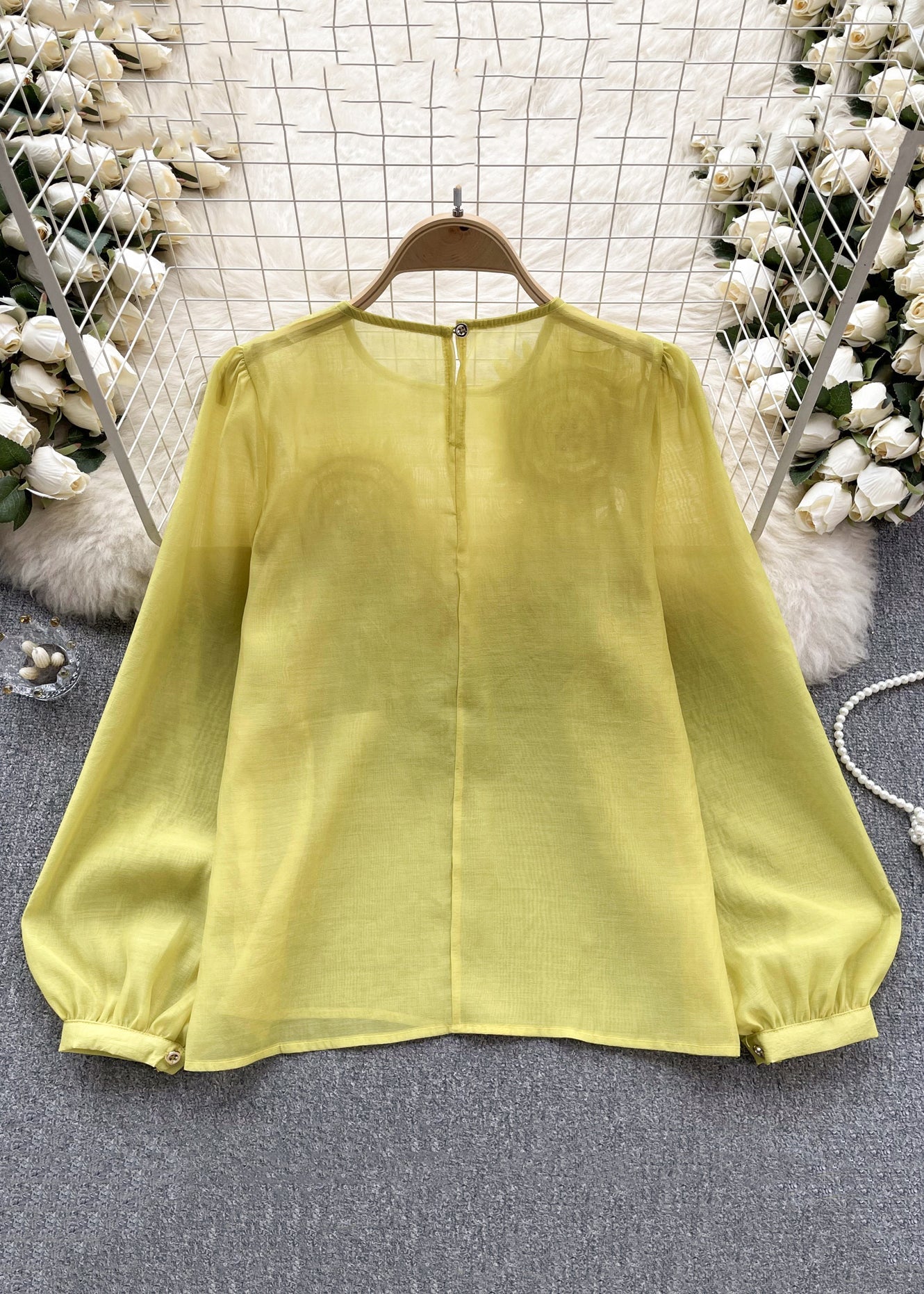Floral Yellow O Neck Solid Chiffon Shirts Long Sleeve - Omychic