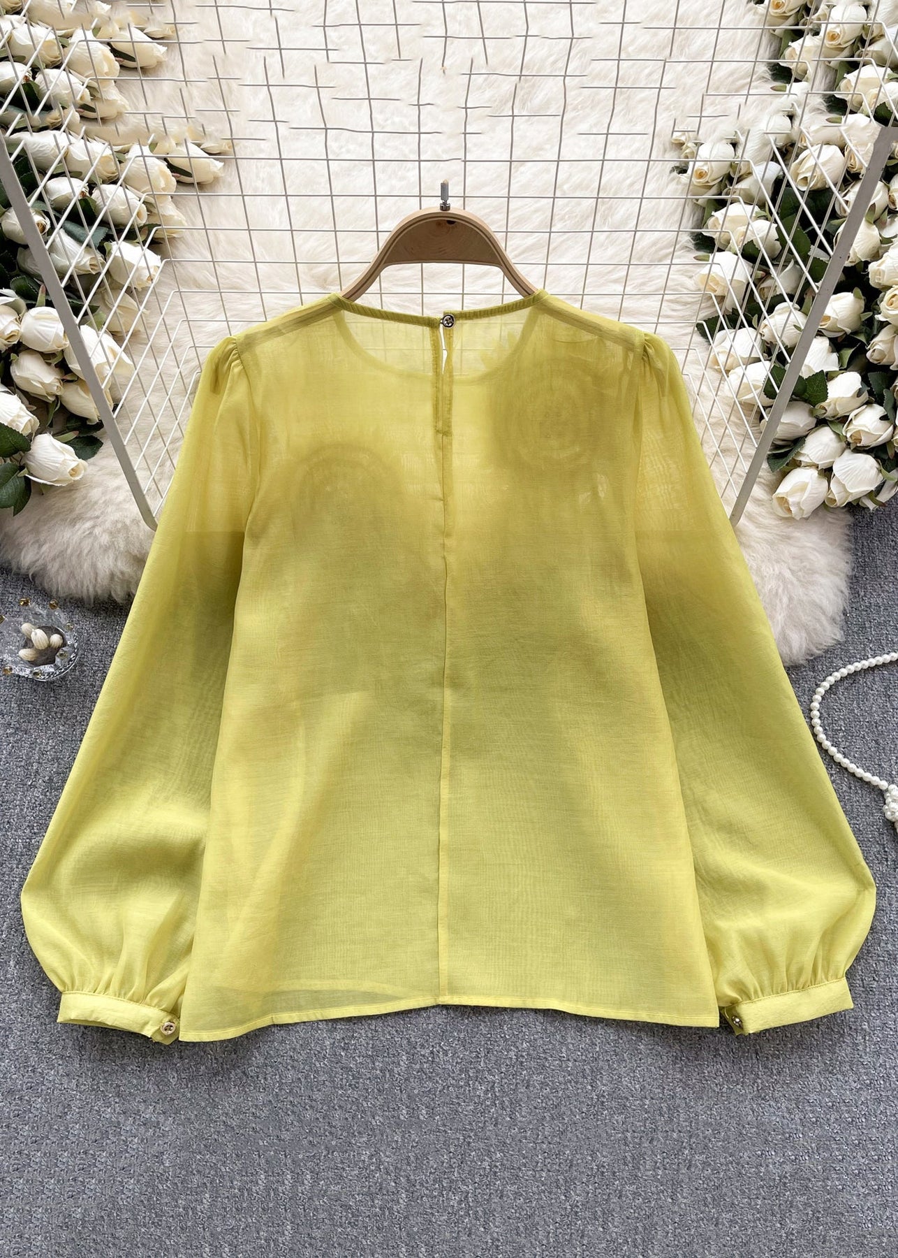 Floral Yellow O Neck Solid Chiffon Shirts Long Sleeve - Omychic