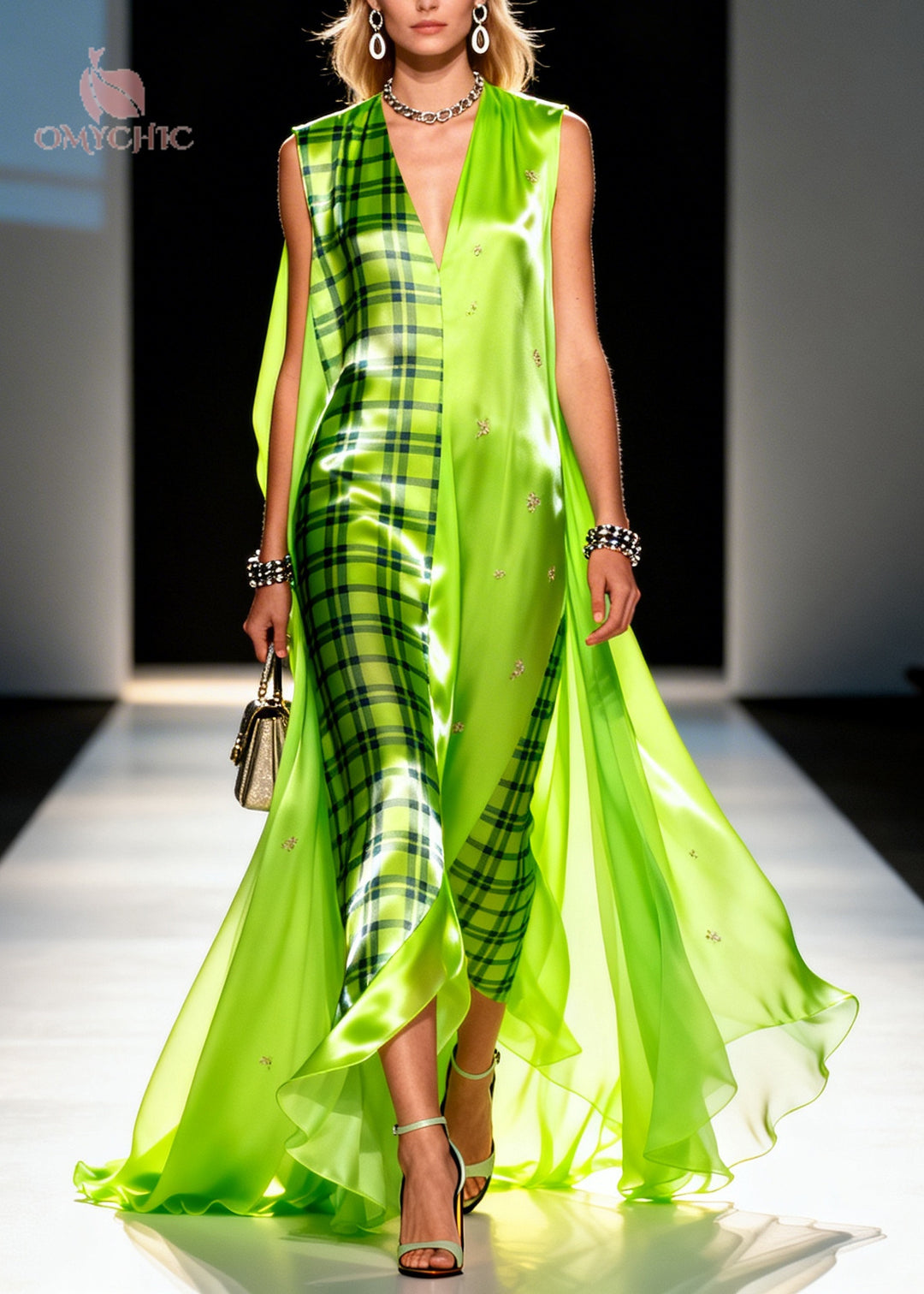 Fluorescent Green Plaid Chiffon Maxi Dresses Asymmetrical Exra Large Hem Summer