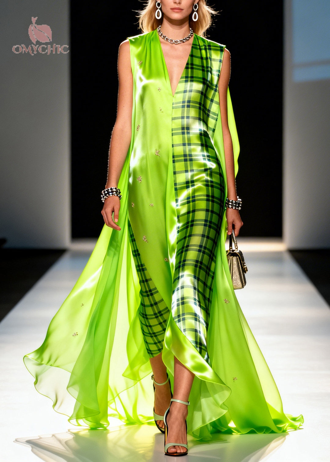 Fluorescent Green Plaid Chiffon Maxi Dresses Asymmetrical Exra Large Hem Summer