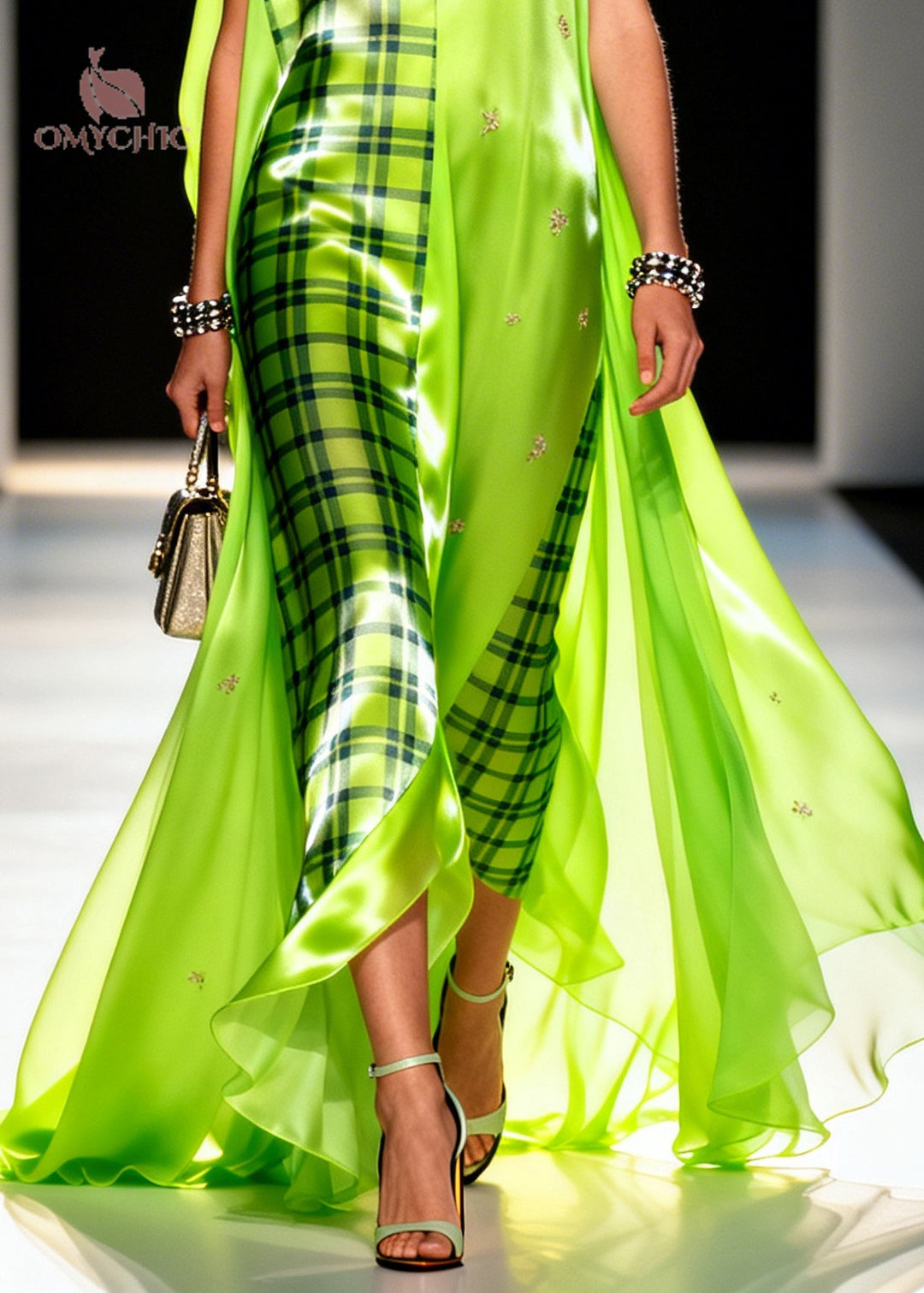 Fluorescent Green Plaid Chiffon Maxi Dresses Asymmetrical Exra Large Hem Summer