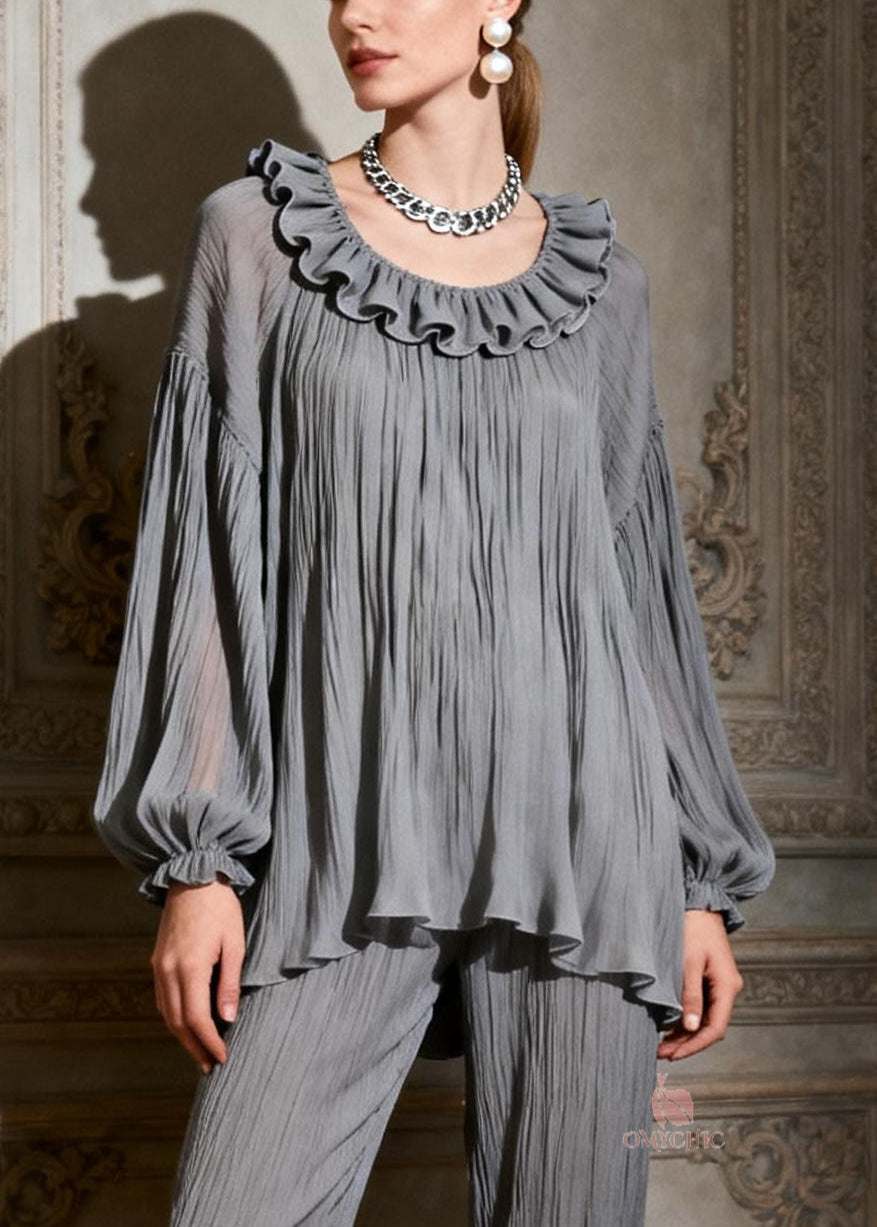 Foggy Gray Ruffled Tops And Crop Pants Two Pieces Set O-Neck Butterfly Sleeve