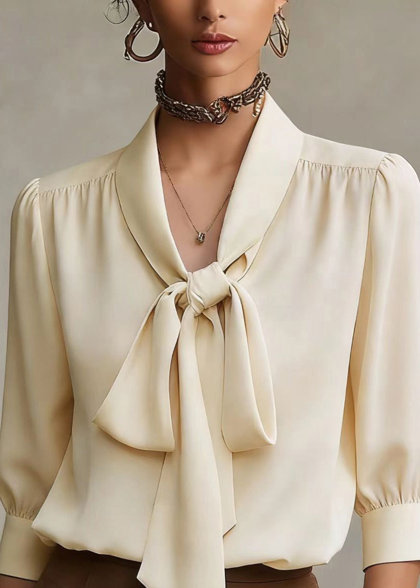 French Apricot Bow Silk Shirts Top Spring