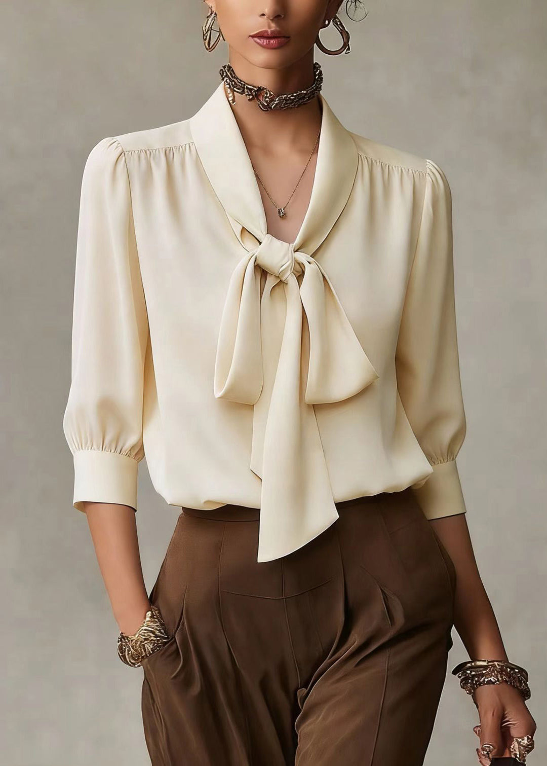 French Apricot Bow Silk Shirts Top Spring