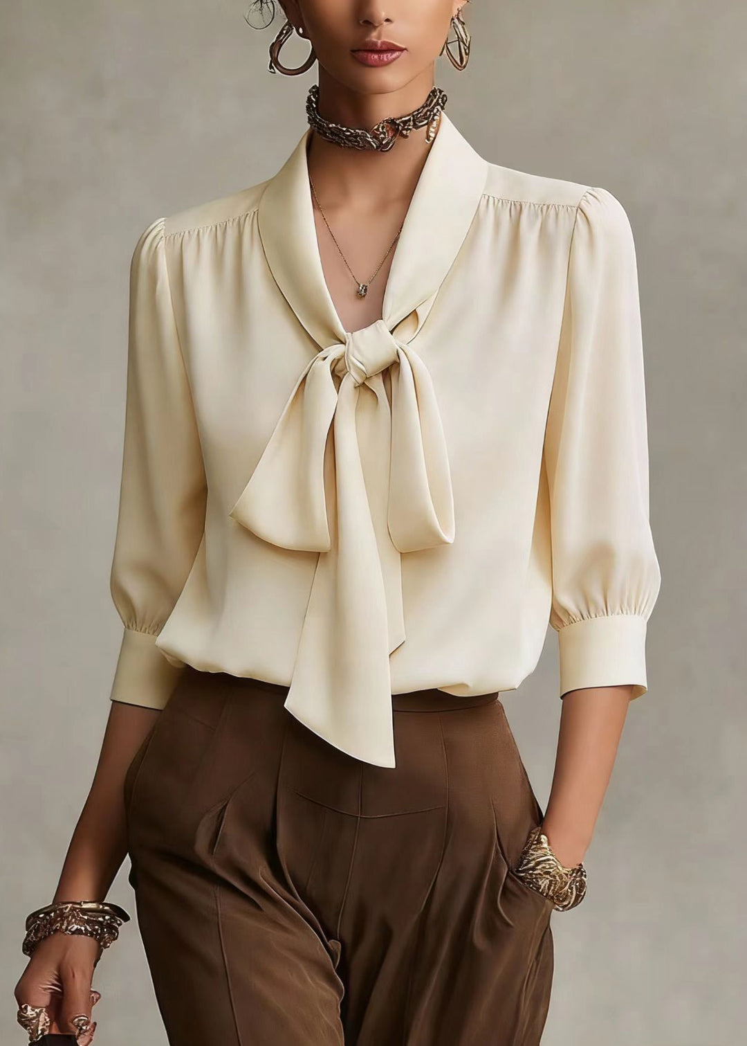 French Apricot Bow Silk Shirts Top Spring