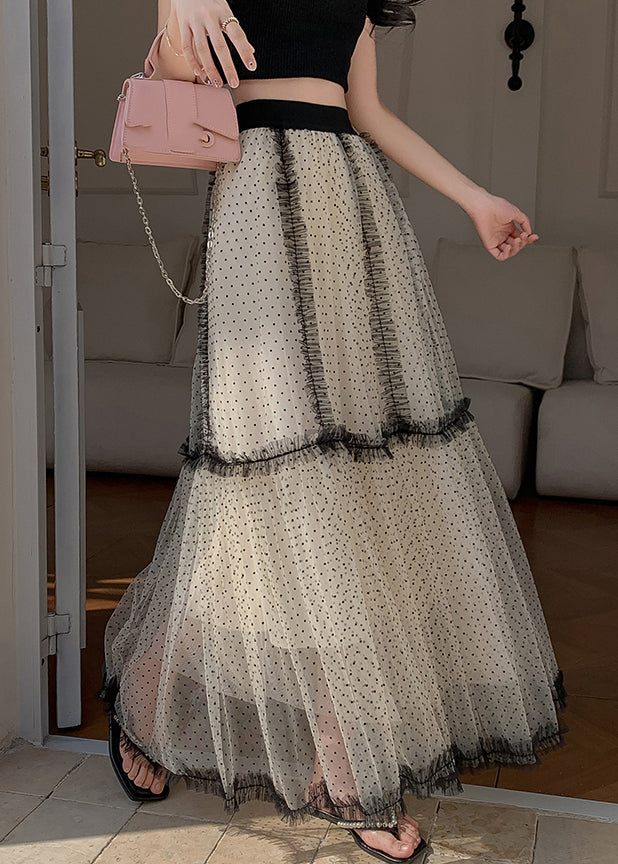 French Apricot Dot Ruffled Patchwork Tulle A Line Skirts Summer