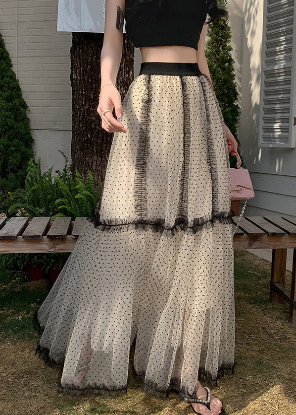 French Apricot Dot Ruffled Patchwork Tulle A Line Skirts Summer