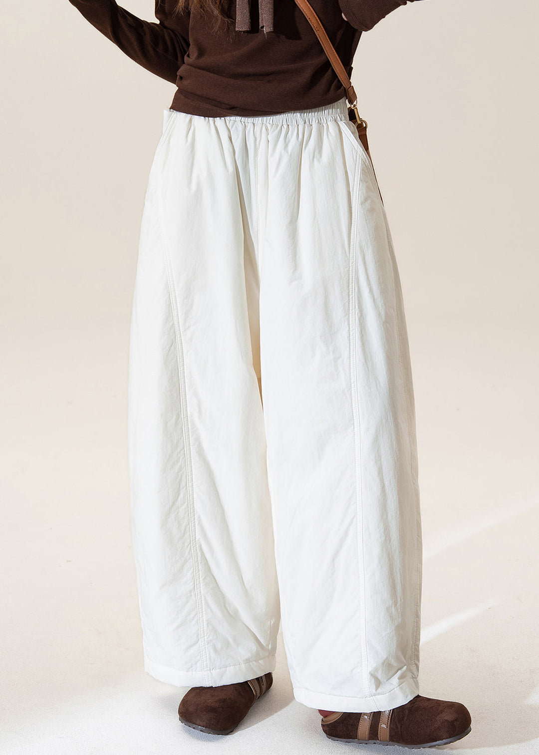 French Apricot Elastic Waist Fine Cotton Filled Pants Winter